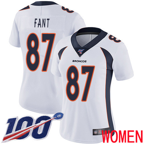 Women Denver Broncos #87 Noah Fant White Vapor Untouchable Limited Player 100th Season Football NFL Jersey